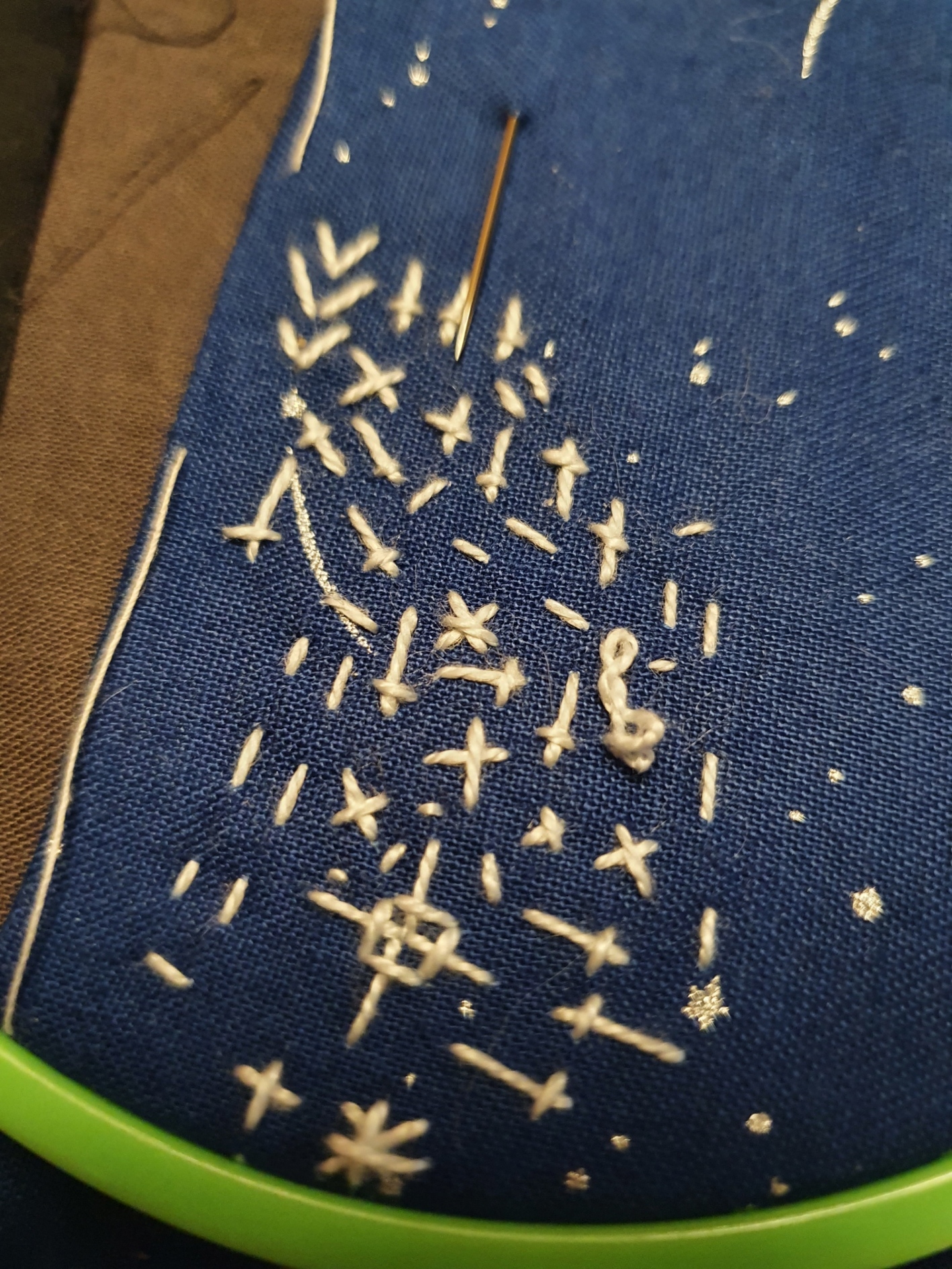 A variety of stitches on a blue background fabric